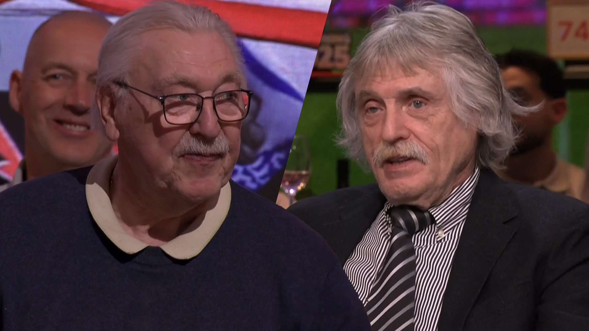 Johan Derksen ziet oude bekende in publiek: ‘Ik was voor niemand bang, maar wel voor hem’